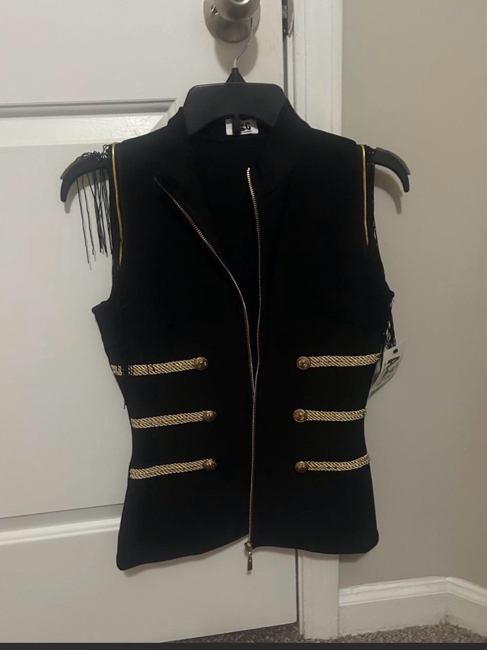 Black Sleeveless Military-Inspired Vest with Gold Trim